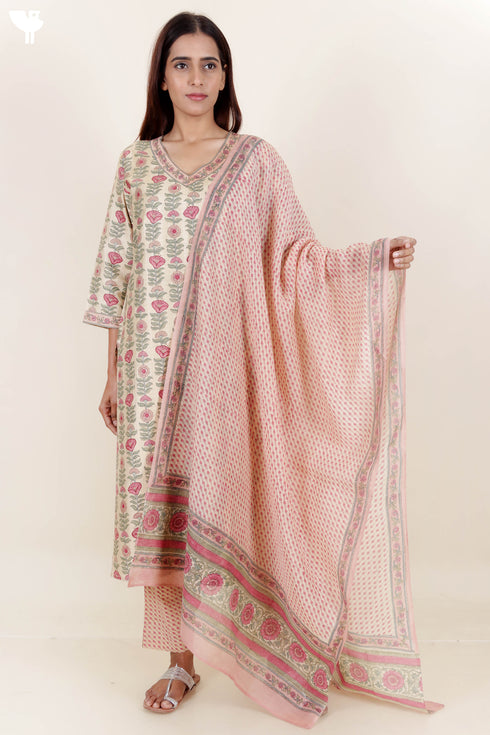 Tussar Cotton Kurta Pant And Dupatta Set In Block Print